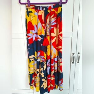 True Destinations Tropical Floral Wide Leg Ruffle Tier Pants Sz Lg (8-10) Festiv